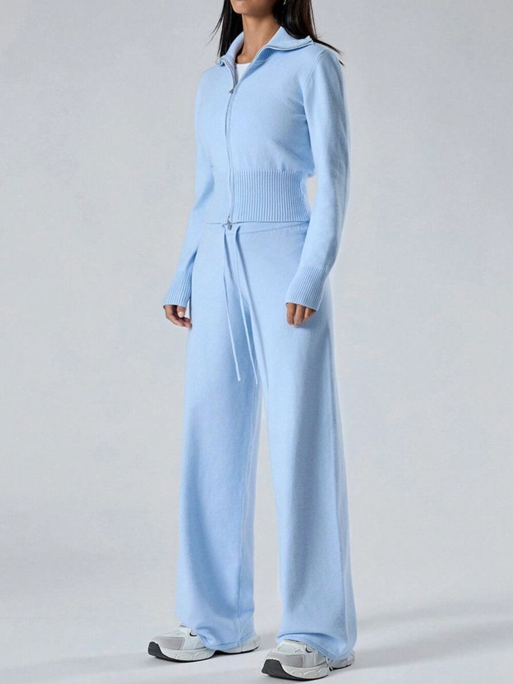 blue Women's Zip-Up Cardigan And Knitted Pants Casual loungewear Set